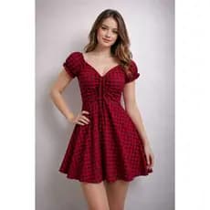 Vestido  Xadrez Feminino Rodado Manga Bufante Decote Princesa Ajustável Casual