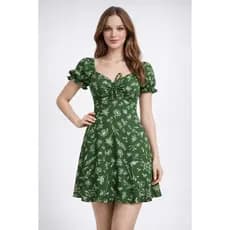 estido Feminino Curto Floral  | Manga Bufante | Decote Franzido  | Casual Elegante | Moda Verão
