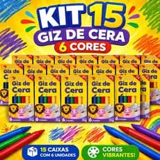 15 Cx Giz de Cera 6 Cores p/ Kit Festa Lembrancinha Infantil