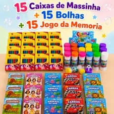 15 Caixas de Massinha de Modelar + 15 Bolha Sabão + 15 Jogo Memoria Infantil Kit Festa Lembrancinha Infantil