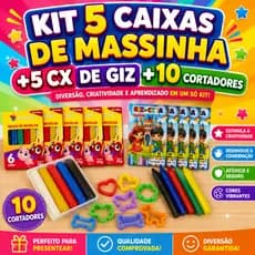 5 Cx Massinha de Modelar + 5 Cx Giz de Cera + 10 Cortadores de Massinha Molde p/ Kit Festa Lembrancinha Infantil