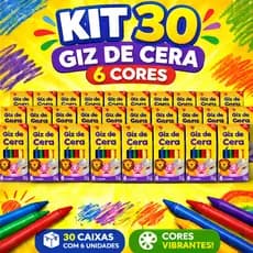 30 Cx Giz de Cera 6 Cores p/ Kit Festa Lembrancinha Infantil Prenda