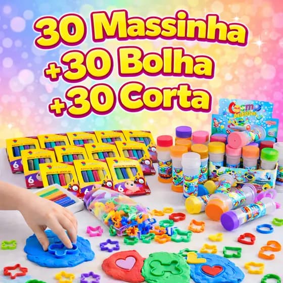 Kit 30 Massinha de Modelar + 30 Bolha de Sabão + 30 Cortador Forminha Infantil Kit Festa Lembrancinha