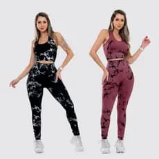 Kit 2 Conjunto Top e Calça Legging Tie-Dye Cintura Alta Fitness Academia