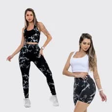 Conjunto Top + Shorts + Calça Legging Tie-Dye Cintura Alta Fitness Academia