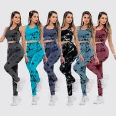 Kit 6 Conjunto Top e Calça Legging Tie-Dye Cintura Alta Fitness Academia