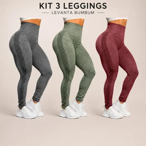 Kit 3 Calça Levanta Bumbum Cintura Alta Sem Costura Academia