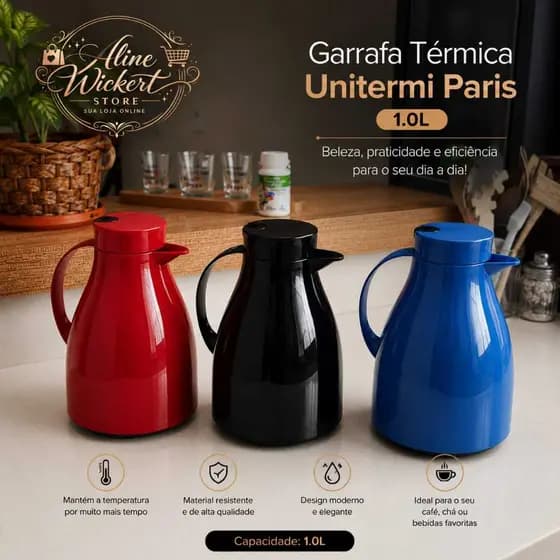 Garrafa Térmica De Café Bule Unitermi Paris 1 Litro  C/ Gatilho Para Café Chá Leite Chimarrão Água