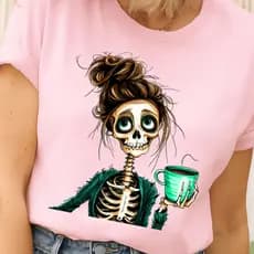 Camiseta Feminina Estampa de Caveira Mulher Verão Halloween Blusa Algodão
