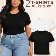 Kit 2 Camisetas Plus Size Canelada Modinha Feminina Manga Curta Soltinha Gola Redonda