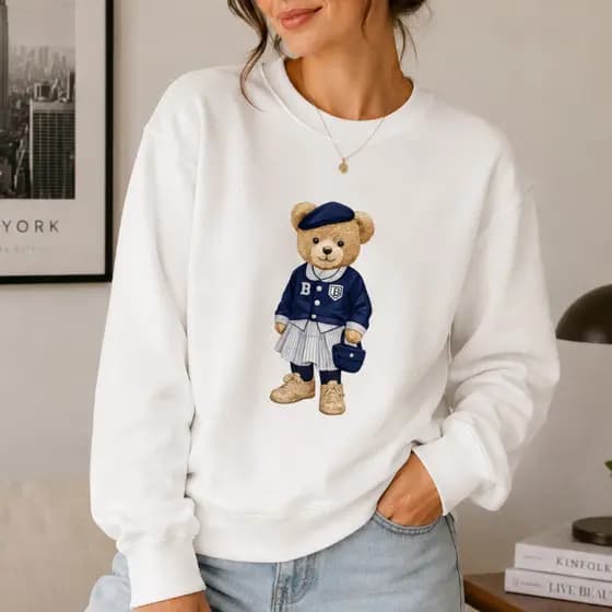 Moletom Careca Feminino Estampa Ursinho Fashion College Casual Premium Confortável