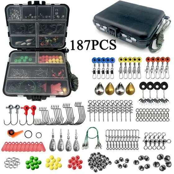 187/264 peças Kit de Acessórios para Pesca, Anzóis Jig, Pesos de Pesca, Giradores, Conectores com Caixa de Iscas e Acess