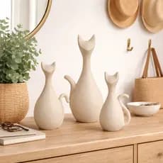 Família de Gatos em Cerâmica Artística Decorativa Trio Gatinhos