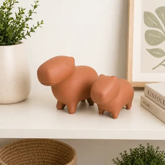 Dupla Capivaras em Ceramica Escultura Decoração Grande e Pequena Off White e Bege Sépia