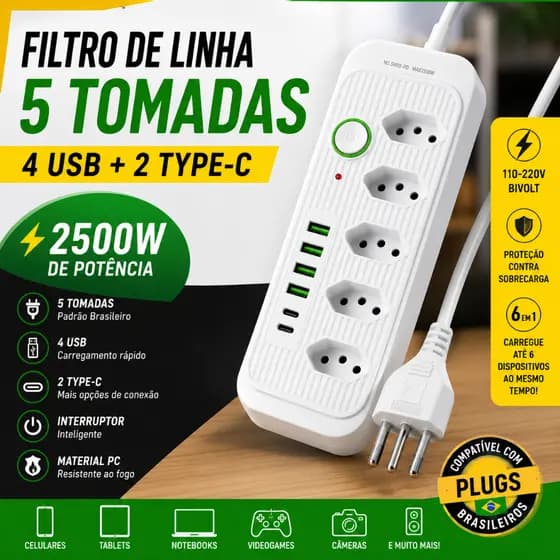 Filtro de Linha 5 Tomadas 4 USB 1 Type-C 2500W Bivolt Extensão Elétrica Régua de Tomada