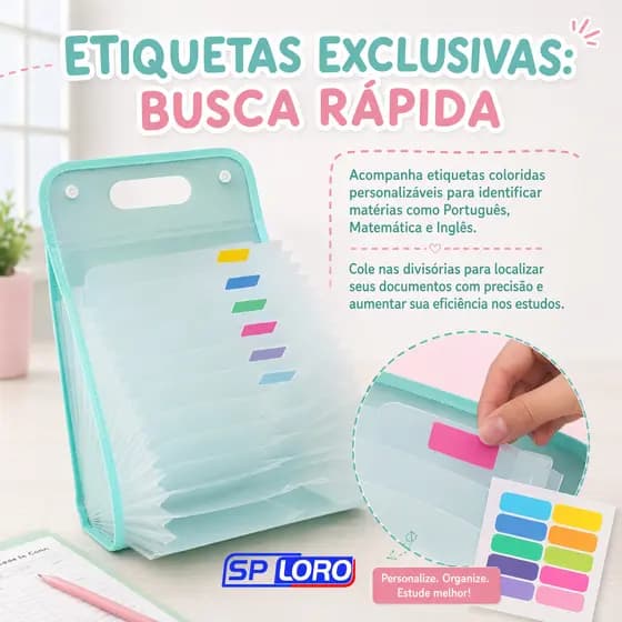 Pasta Sanfonada A4 12 Divisórias Organizadora de Documentos Expansível Cores Rosa Branco Azul Verde