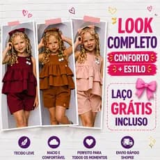 Conjunto Infantil Menina Confortável Verão Blusa Babado + Short com Laço Roupa Leve