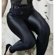 Calça Cintura Alta Cirre Courino Cinto Removível Tendência Skinny