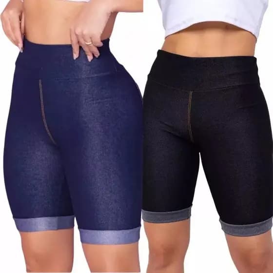 Kit 2 Shorts Jeans Fake Feminino Cintura Alta Bermuda