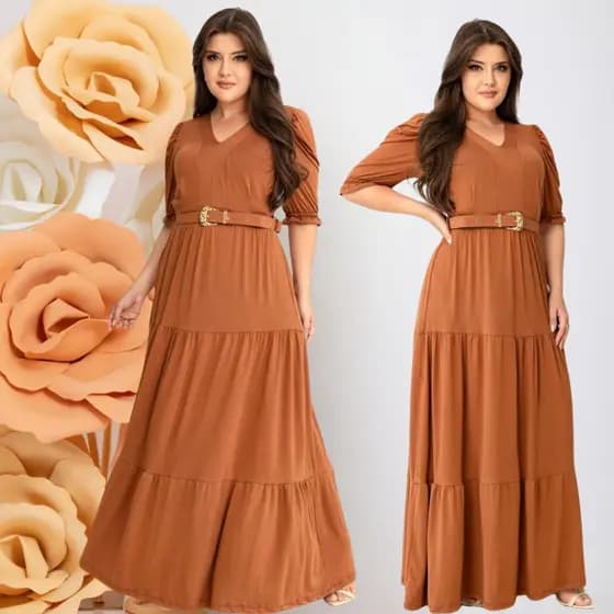 Vestido Feminino Longo Social Plus Size Manga Estilosa Moda Evangelica Cinto Congresso Igreja Full