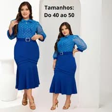 Vestido Feminino Midi Social Moda Evangelica Com Tule Manga 3/4 Plus Size Tendencia Congresso