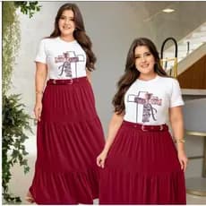 Conjunto Feminino Social Saia Longa Com Blusa Sublimada E Cinto Moda Evangelica Plus Size Congresso