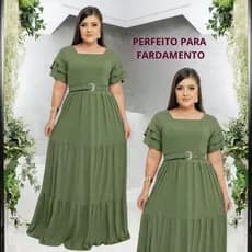 Vestido Feminino Longo Com Cinto Manga Estilosa Evangelico Social Plus Size Gola Quadrada Congresso