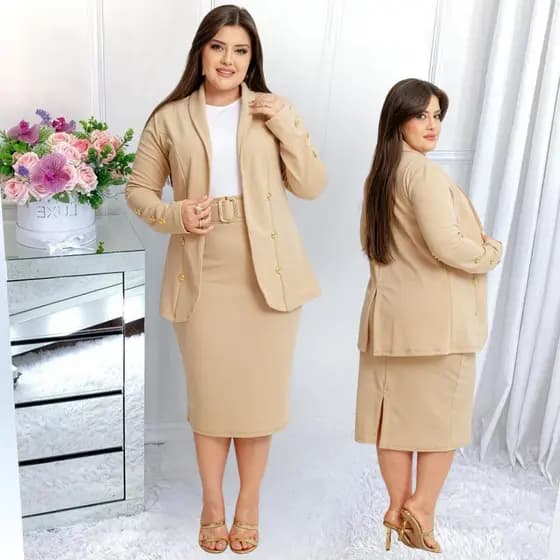 Conjunto Blazer Feminino Social Plus Size Saia Midi Com Cinto Moda Evangelica Congresso
