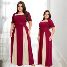 Vestido Feminino Longo Bicolor Social Manga Estilosa Cinto Moda Evangélica Plus Size Congresso