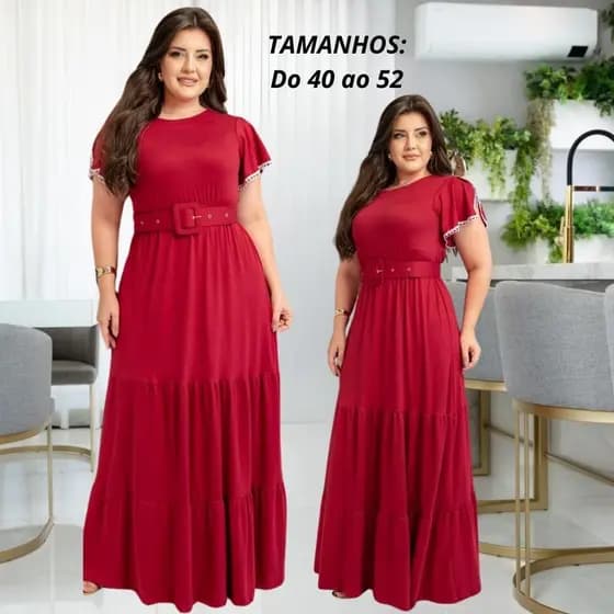 Vestido Feminino Longo Social Plus Size Manga Estilosa Flare Moda Evangelica Com Cinto Fardamento