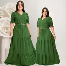 Vestido Feminino Longo Social Plus Size 2 Marias Manga 3/4 Moda Evangelica Com Cinto Fardamento