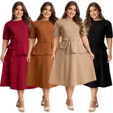 Vestido Feminino Midi Rodado Plus Size Cinto Elegante Moda Evangélica Congresso Fardamento M Ao XG