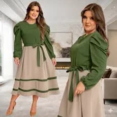 Vestido Feminino Midi Rodado Social Manga Elegante Com Laço Moda Evangélica Plus Size Congresso Luxo