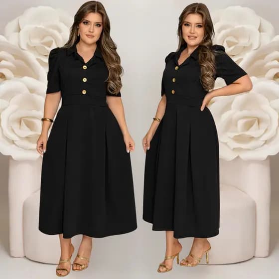 Vestido Feminino Social Manga Curta Com Botões Rodado Moda Evangelica Plus Size Fardamentos
