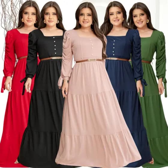 Vestido Longo Feminino Plus Siza Manga Longa Com Botão Moda Evangelica Festa Madrinha Casamento Luxo