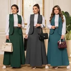Conjunto 4 Peças Blazer Colete Blusa Feminina Estilosa Saia Longa Com Cinto Plus Size Para Congresso