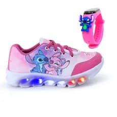 Kit Tênis Led Stitch Infantil Menina Luz Bebe + Relógio