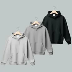Blusa Moletom Kit 3 Peças Flanelado Unissex Algodão Slim Liso Estilo Canguru Com Capuz
