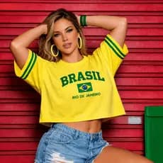 Blusa Cropped Brasil Copa Moda Feminina Algodão Malha 30.1 Seleção Brasileira