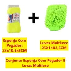 Conjunto Esponja Com Pegador E Luvas Multiuso Com Tecido Chenille Para Lavagem Lavar Carros