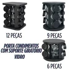 Porta Condimentos Preto Com Suporte Giratório Tempero 9 Ou 12 Ou 6 Potes De Vidro Com Dosador 90G