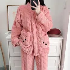 Pijama Feminino de 2 Peças para Outono Inverno, Pijama Feminino de Fleece Coral, Roupa de Estudante Cartoo 8741 6941