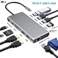 12 Em 1 USB Tipo C Hub-Para 2 HDMI 4K VGA Adaptador RJ45 Lan Ethernet SD TF PD 3.5mm Áudio/Microfone MacBook Pro OTG