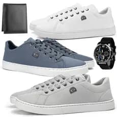 Kit 3 Pares Sapatenis Tenis Masculino Sport Fino de Lona e Confortavel Relogio e carteira