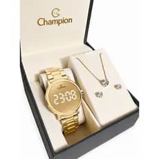 Relógio Champion Feminino Dourado Original Digital Led + Colar e Brincos Presente