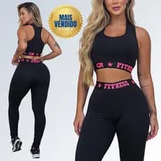 Conjunto Academia Top e Legging Elastico Exposto Cintura Alta