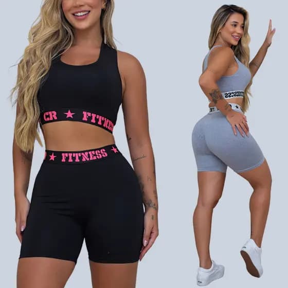 Kit 2 Conjuntos Academia Top e Short Elastico Exposto