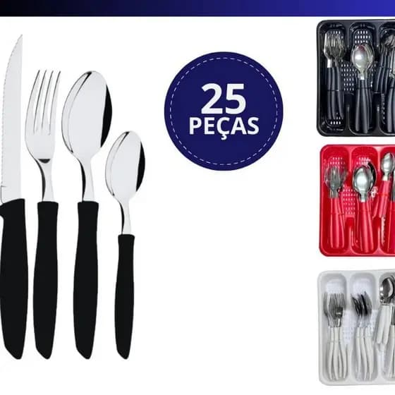 Jogo De Talheres Inox Com Porta Talher Preto Com 25 Peças