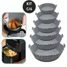 Kit 6 Formas Airfryer Silicone Reutilizável Lavável Tamanhos Variados Antiaderente Microondas Com Alça
