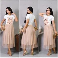 Saia Tule Glitter Moda Evangélica Elegante Feminina com Forro para Culto e Congresso
